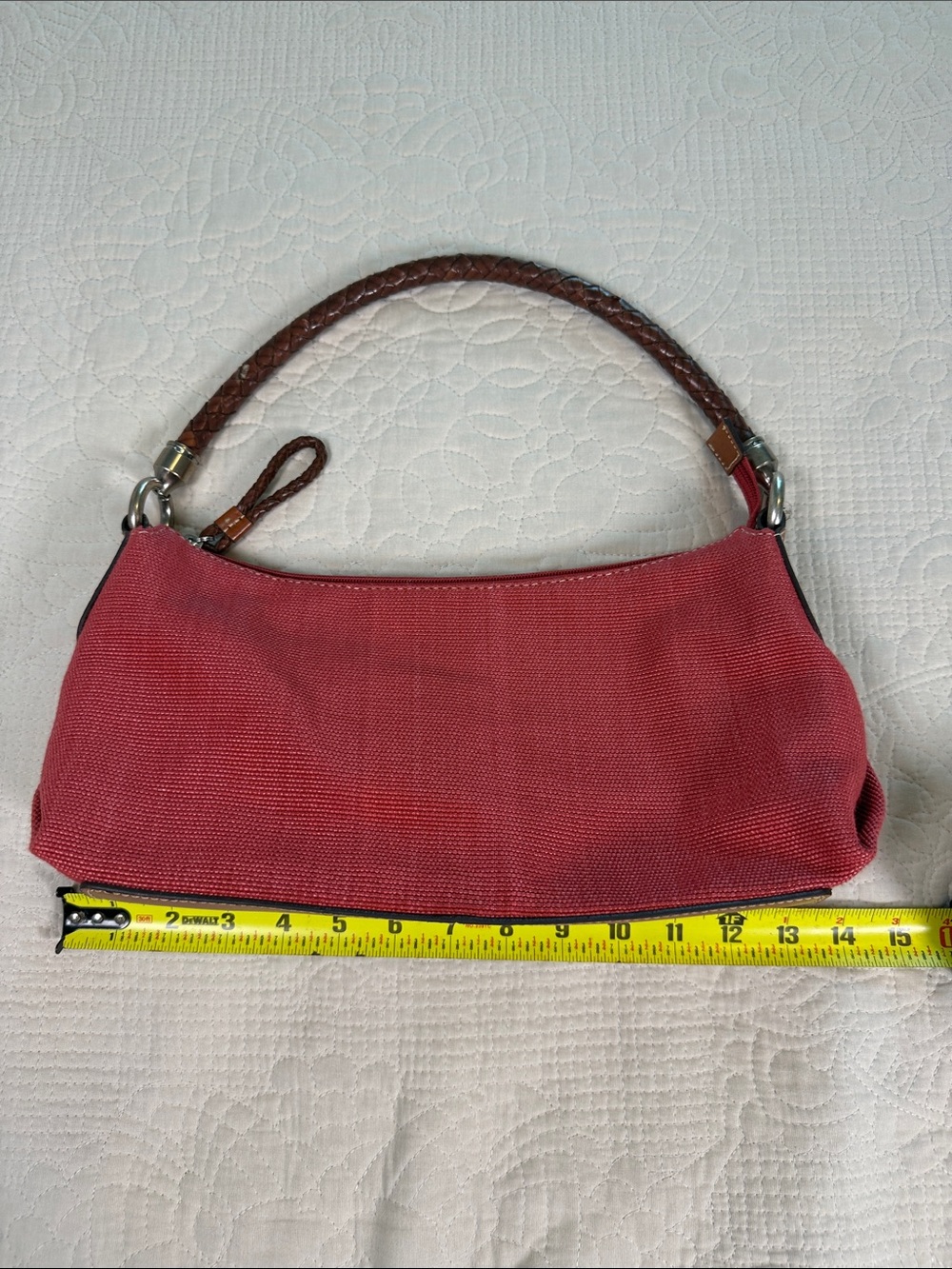 Fossil Red Canvas Hobo Shoulder Bag Braided Brown Leather Handle and zipper pull - Picture 14 of 15